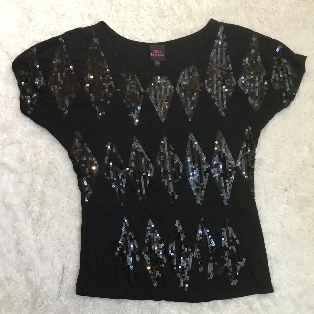 2BEBE Women's Tpo Tank Sequins Front Dolman Sleeve Casual Lightweight Blk  M
